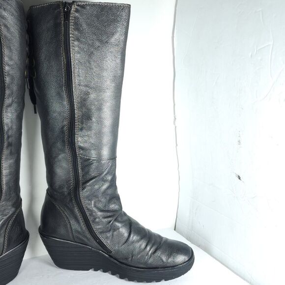 Fly London Womens Yust US9,5 EU40 Metallic Gray Leather Zip Wedge Riding Boots - Picture 6 of 16